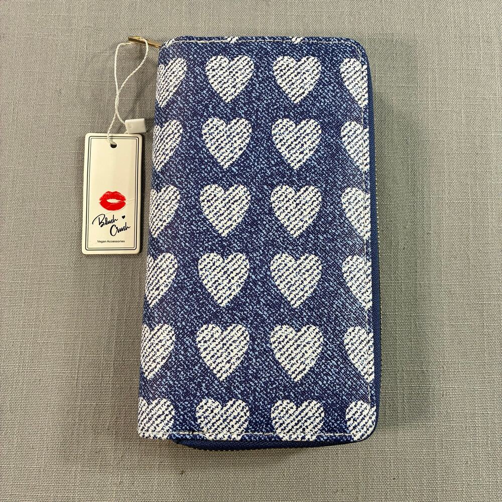 NWT Blush Crush Vegan Zip Around Wallet Blue White Heart Print Clutch Organizer
